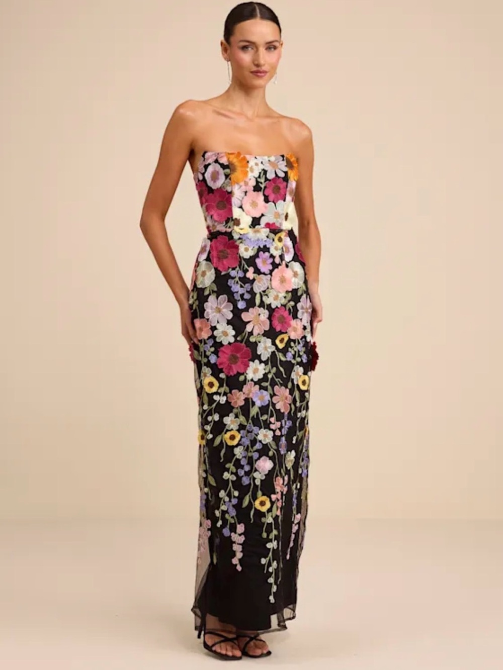 Lulus Macario Black Multi 3D Floral Embroidered Strapless Maxi Dress